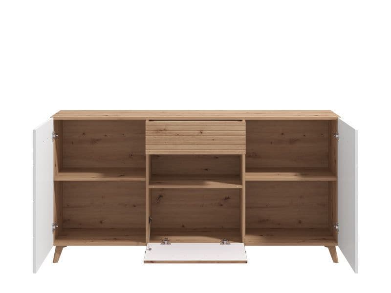 Slatted Artisan Oak Effect & White Gloss Sideboard