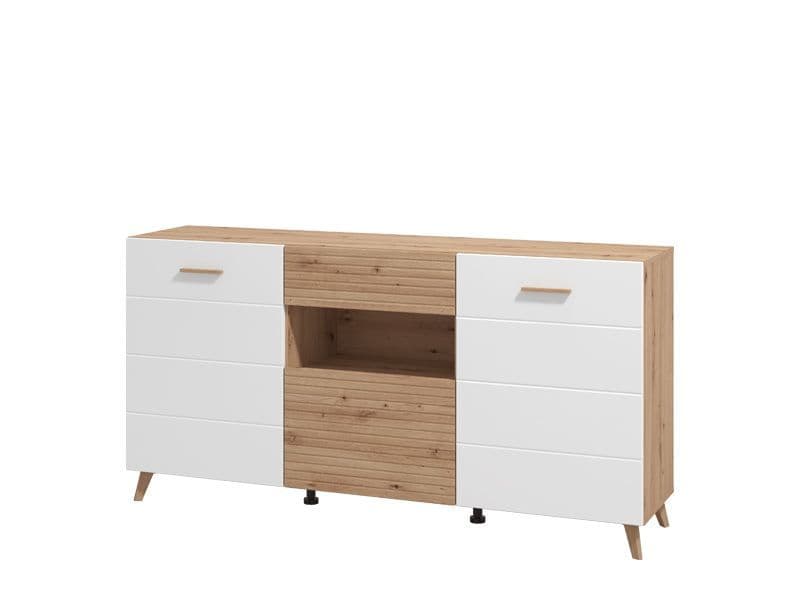 Slatted Artisan Oak Effect & White Gloss Sideboard