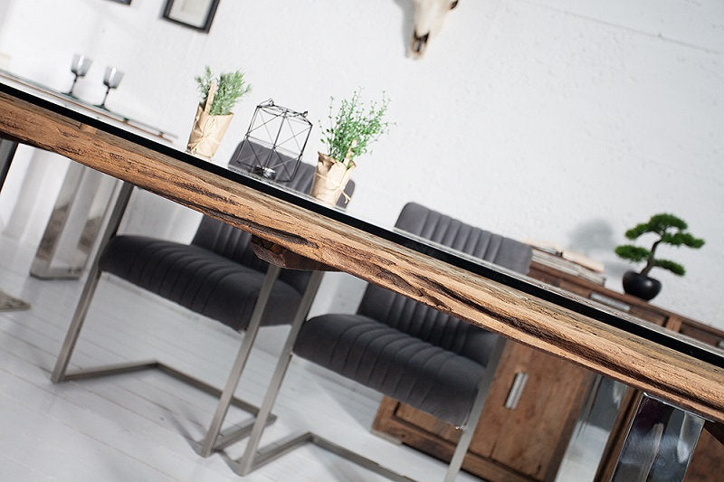 Dining Table Barracuda 180cm Recycled Teak Wood Brown With Glass Top