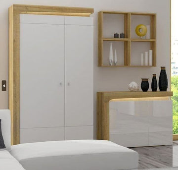 Amos Mann Oak Effect And White Gloss 2 Door Wardrobe With LED Lights