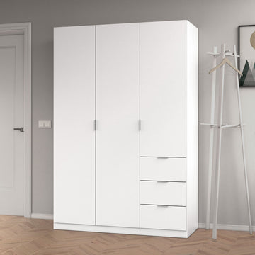 Amos Mann Artic White Compact 3 Door 3 Drawer Space-Saving 135cm Wardrobe LCX353O