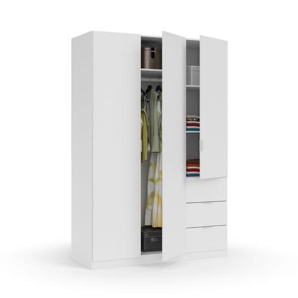 Artic White Compact 3-Door 3-Drawer Space-Saving 135cm Wardrobe LCX353O