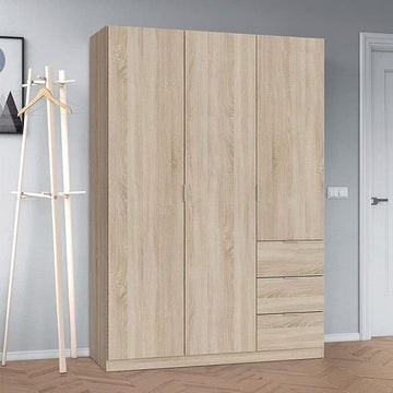 Amos Mann Oak Effect Compact 3 Door 3 Drawer Space-Saving 135cm Wardrobe LCX353F
