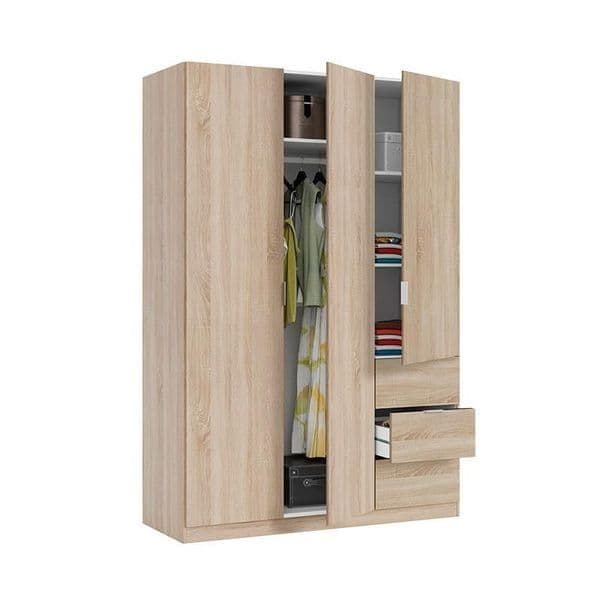 Oak Effect Compact 3-Door 3-Drawer Space-Saving 135cm Wardrobe LCX353F