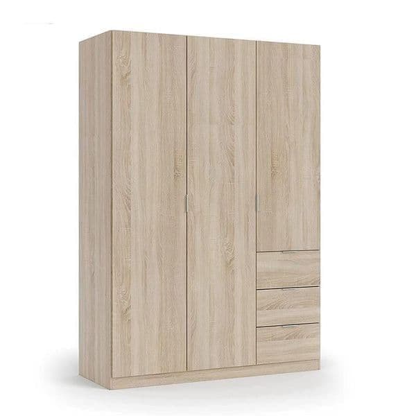 Oak Effect Compact 3-Door 3-Drawer Space-Saving 135cm Wardrobe LCX353F
