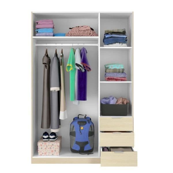 Oak Effect Compact 3-Door 3-Drawer Space-Saving Wardrobe LCX323R