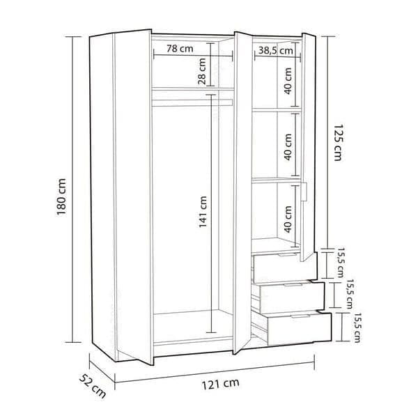 Oak Effect Compact 3-Door 3-Drawer Space-Saving Wardrobe LCX323R