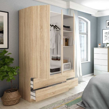 Amos Mann Oak Effect Compact 3 Door 4 Drawer Space-Saving 135cm Wardrobe LCX453F