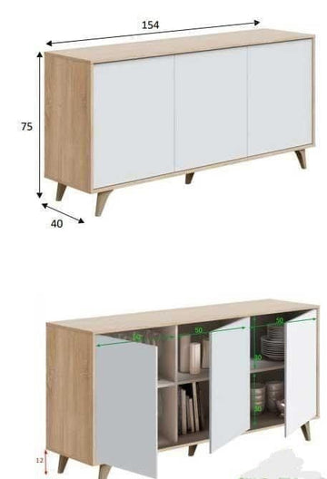 Amos Mann White And Oak Effect 3 Door Wide Sideboard