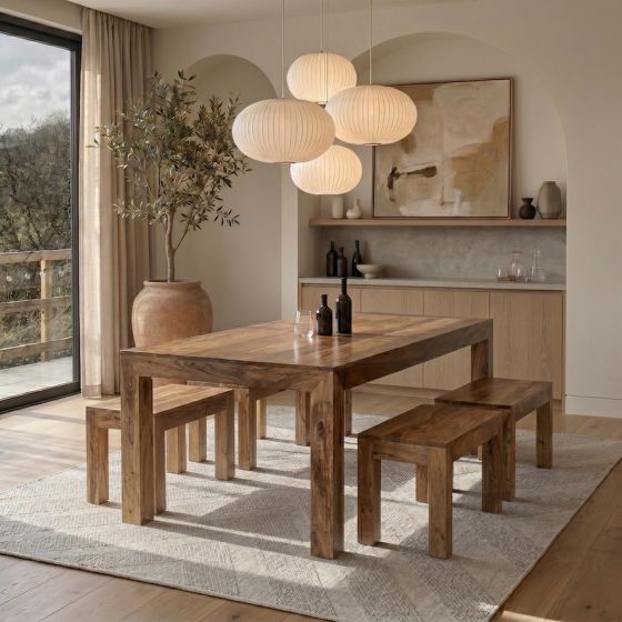 Acre & Artisan Light Mango Wood 220Cm Dining Table 4 Small Benches (90cm)