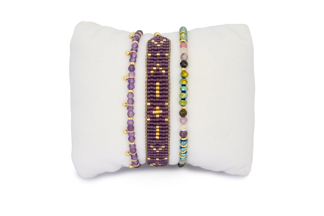 Choco Gold, Tourmaline, and Amethyst Beaded Bracelet Stack
