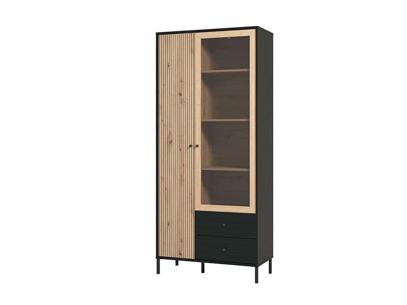 Slatted Artisan Oak Effect & Black 2-Door Display Cabinet