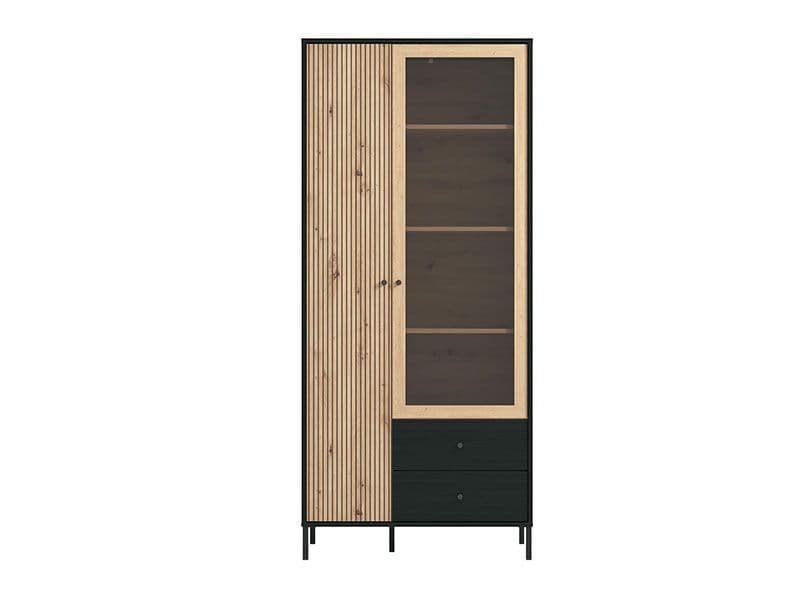 Slatted Artisan Oak Effect & Black 2-Door Display Cabinet