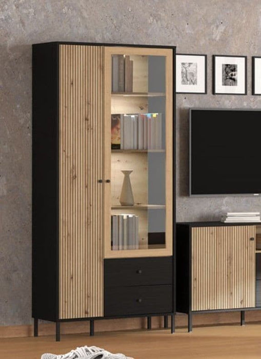 Slatted Artisan Oak Effect & Black 2-Door Display Cabinet