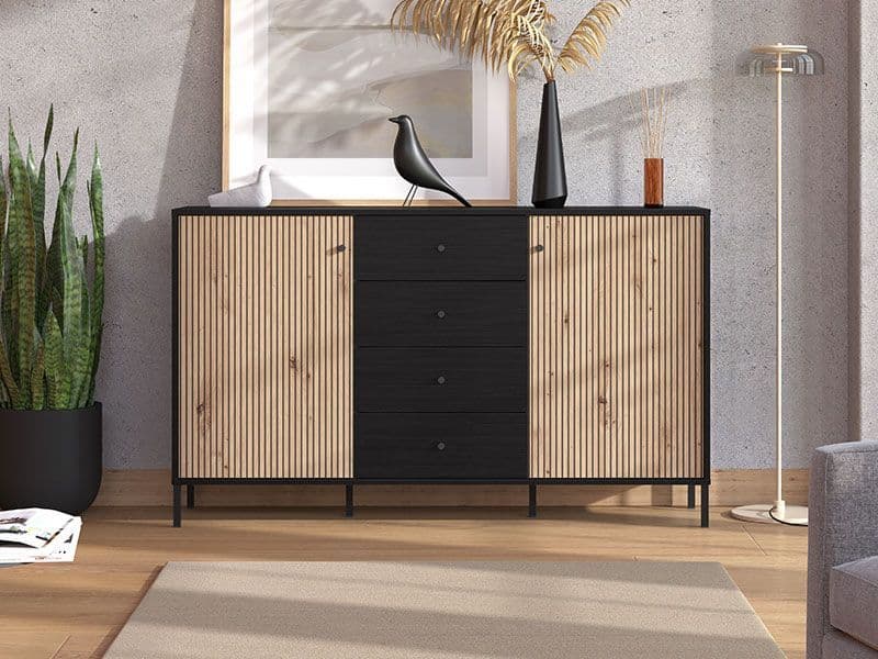 Slatted Artisan Oak Effect & Black Sideboard