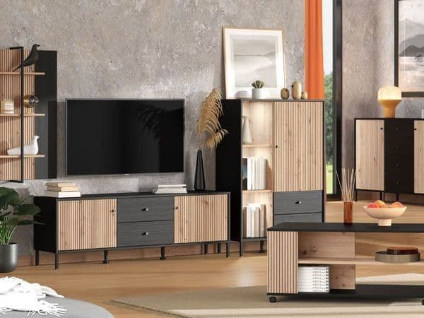 Clifton Slatted Artisan Oak Effect Black Low Display Cabinet 11013545