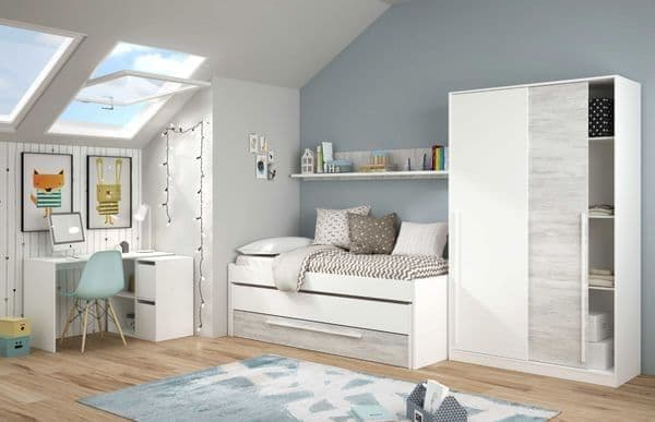 Artic White and White Oak Effect Small Narrow Sliding 2-Door Wardrobe 120cm Wide