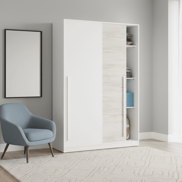 Amos Mann Artic White and White Oak Effect Small Narrow Sliding 2 Door Wardrobe 120cm Wide