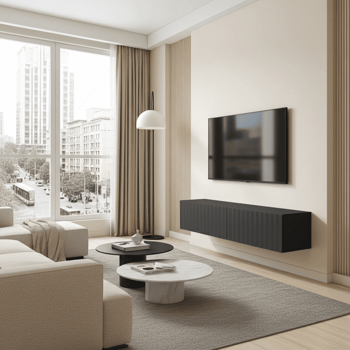 Como Black Slat Effect Wall Mounted Floating Small TV Entertainment Unit