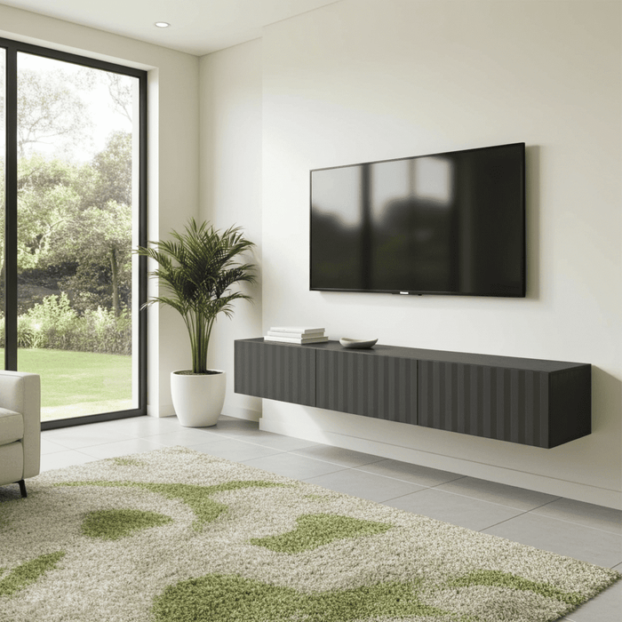 Black Slat Effect Wall Mounted Floating Wide Large TV Entertainment Unit