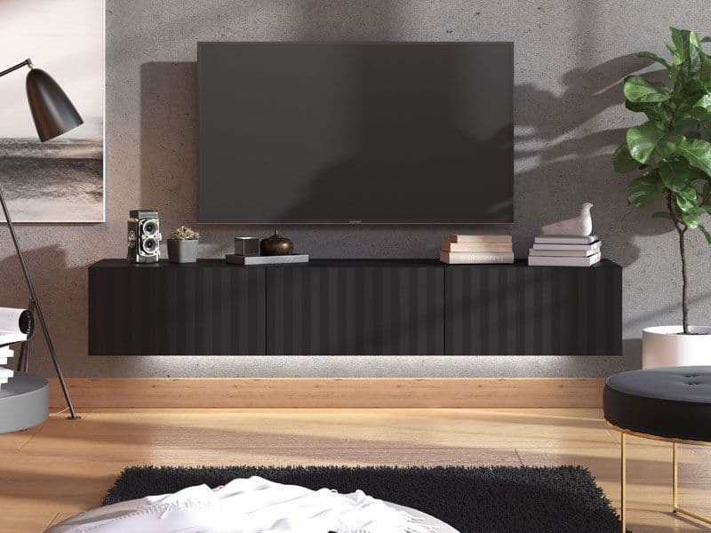 Black Slat Effect Wall Mounted Floating Wide Large TV Entertainment Unit