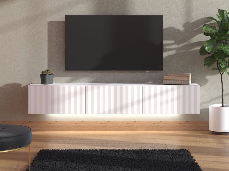 White Slat Effect Wall Mounted Floating Large Wide TV Entertainment Unit