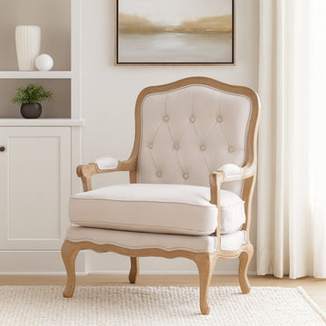 Cream Linen Buttoned Back French Armchair