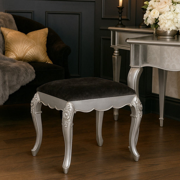 Cristal French Silver Upholstered Stool