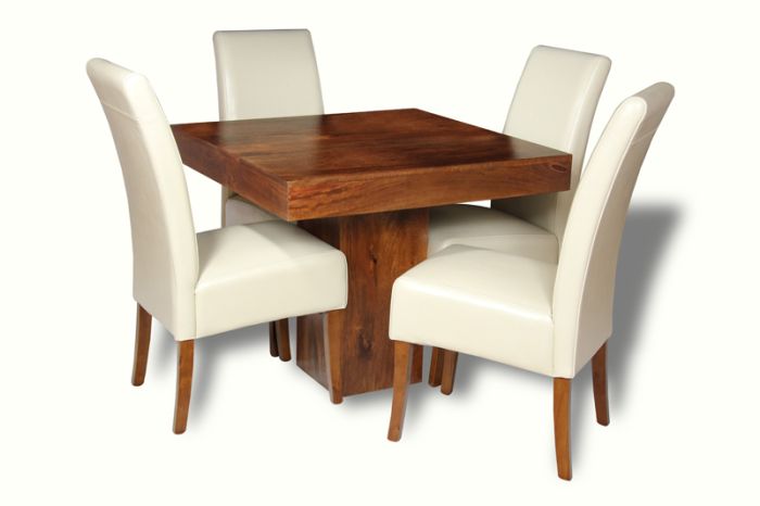 Acre & Artisan Small Solid Wood Cube Dining Table 4 Madrid Leather Chairs 3 Colours (90cm)