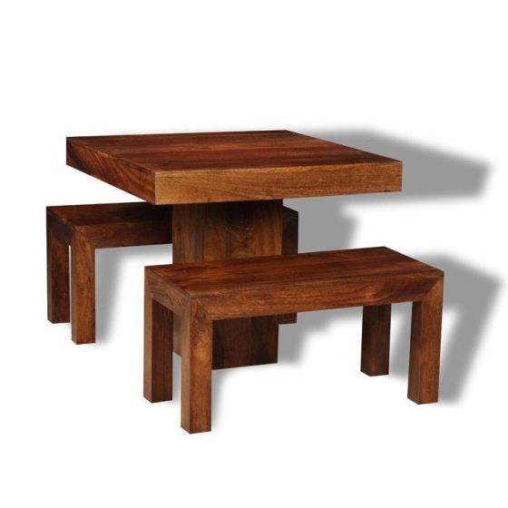 Acre & Artisan Small Solid Wood Cube Dining Table 2 Dining Benches (90cm)