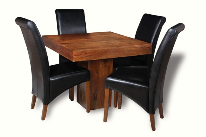 Acre & Artisan Small Solid Wood Cube Dining Table 4 Leather Rollback Dining Chair 4 Colours (90cm)