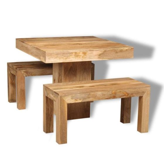 Acre & Artisan Light Mango Wood 90Cm Cube Dining Table 2 Small Benches