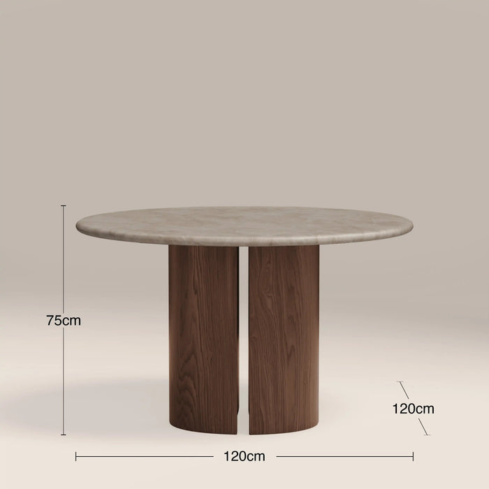 Maui 4 Seat Round Dining Table Grey Honed Marble Effect Stone & Walnut