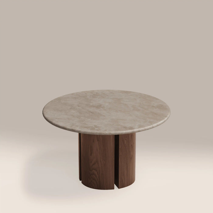 Maui 4 Seat Round Dining Table Grey Honed Marble Effect Stone & Walnut
