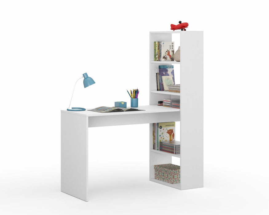 Double Matt White Computer Desk Table with Bookcase