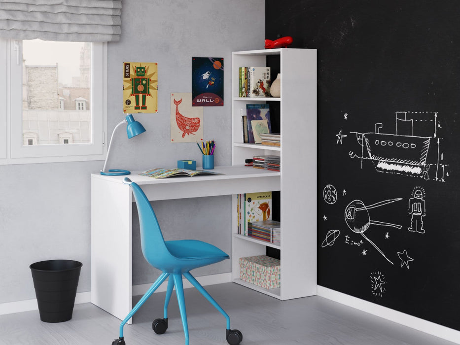 Double Matt White Computer Desk Table with Bookcase
