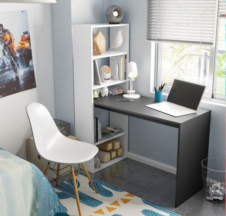 White and Grey Effect Computer Desk Table with Bookcase