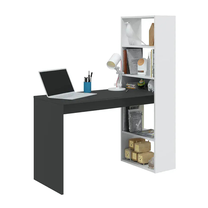 White and Grey Effect Computer Desk Table with Bookcase