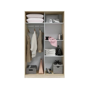 Amos Mann Artic White and Oak Effect Small Narrow Sliding 2 Door Wardrobe 120cm Wide