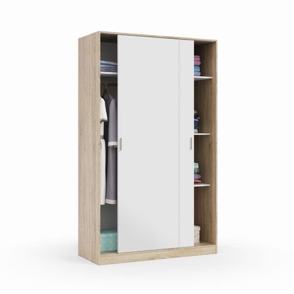 Durham Artic White and Oak Effect Small Narrow Sliding 2 Door Wardrobe 120cm Wide