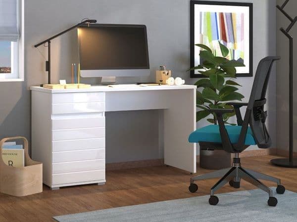 White Gloss Computer Desk With Drawers
