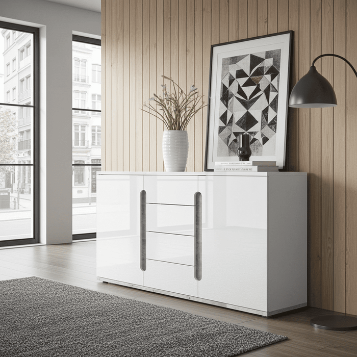 White High Gloss & Grey 2-Door / 4-Drawer Sideboard