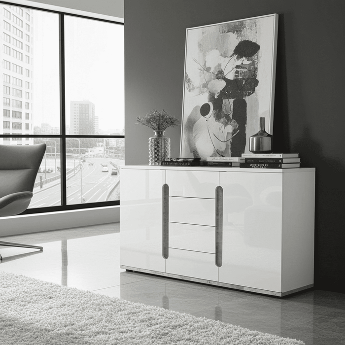 White High Gloss & Grey 2-Door / 4-Drawer Sideboard