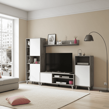Amos Mann White And Concrete Grey Effect Large TV Entertainment Wall Unit Cabinet