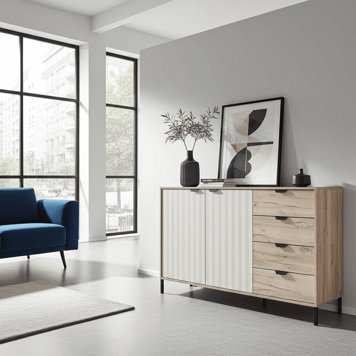 Grey Oak Effect & Cashmere Slatted Sideboard