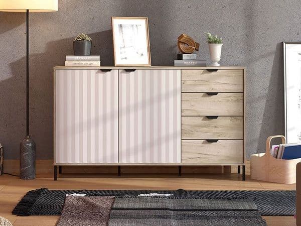 Grey Oak Effect & Cashmere Slatted Sideboard