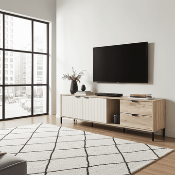 Amos Mann Vandea Grey Oak Effect Cashmere Slatted TV Unit Cabinet