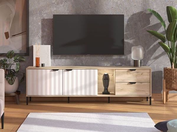 Vandea Grey Oak Effect Cashmere Slatted TV Unit Cabinet