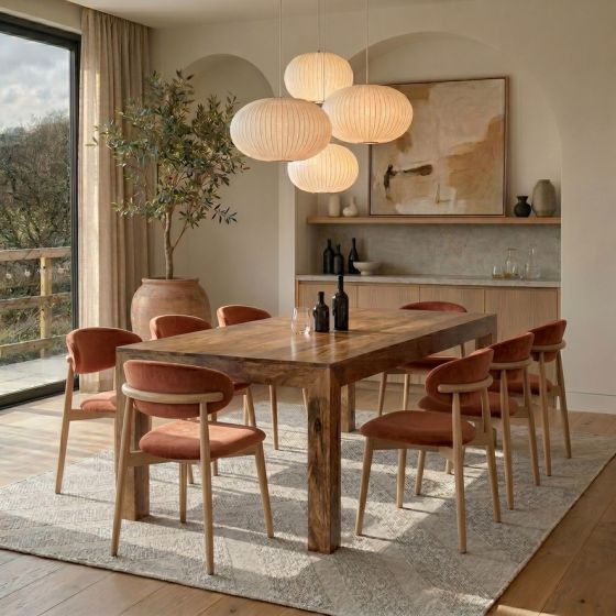 Acre & Artisan Light Solid Wood 220Cm Mango Wood Dining Table 8 Scandi Green Velvet Oak Dining Chair 2