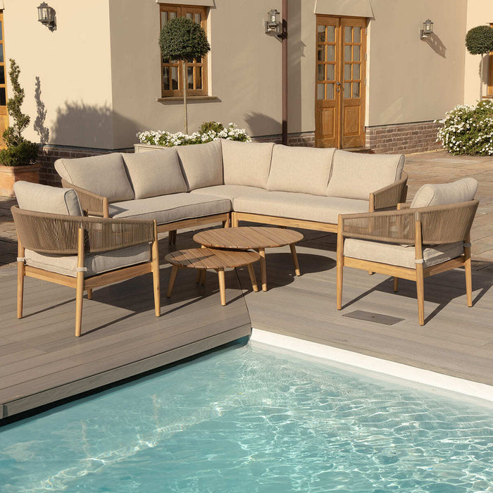 Porto Rope Weave Corner Sofa Set with Pair of Round Coffee Tables & 2 Armchairs